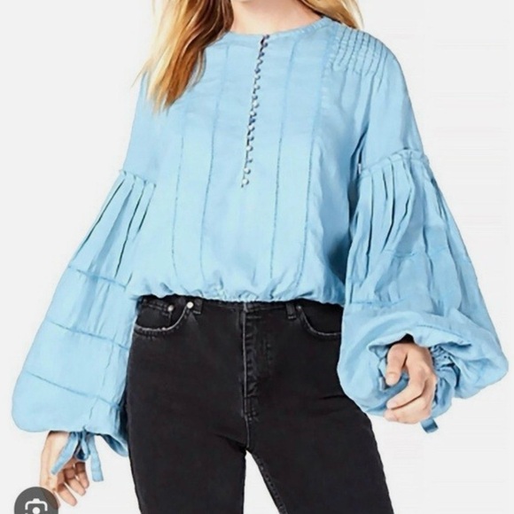 Free People High Swells Peasant Balloon Sleeve 100% Linen Top - Picture 1 of 6